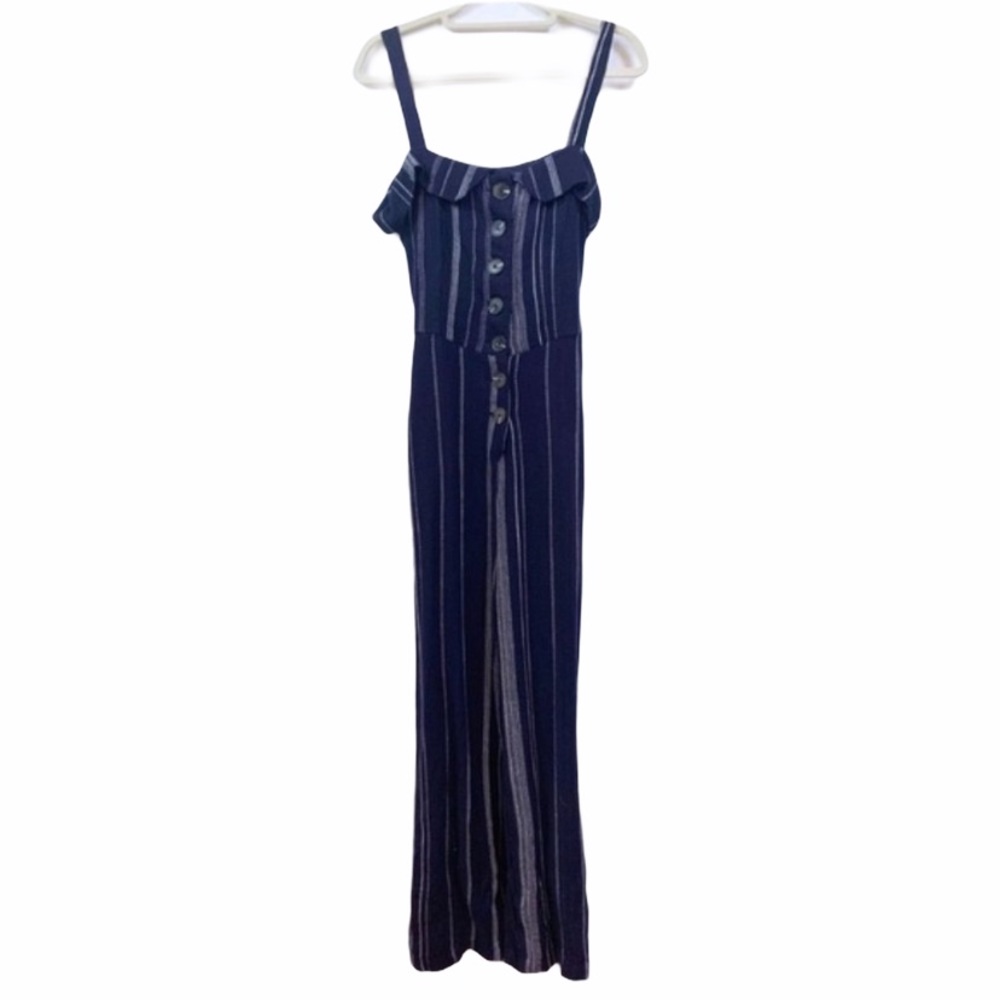 Indigo Rein Linen Navy Striped Jumpsuit Size Small